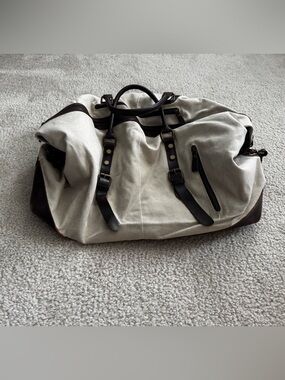Canvas Weekender Duffel Bag in Light Beige with Dark Brown Trim